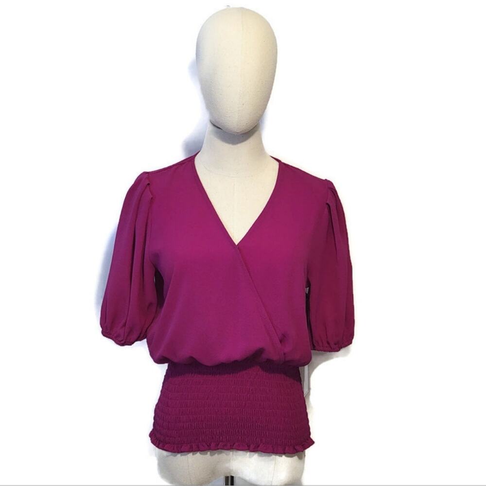 1.STATE Faux Wrap Blouse Smocked Waist Puff Sleeve Pink Women's Small NWT - Picture 2 of 11